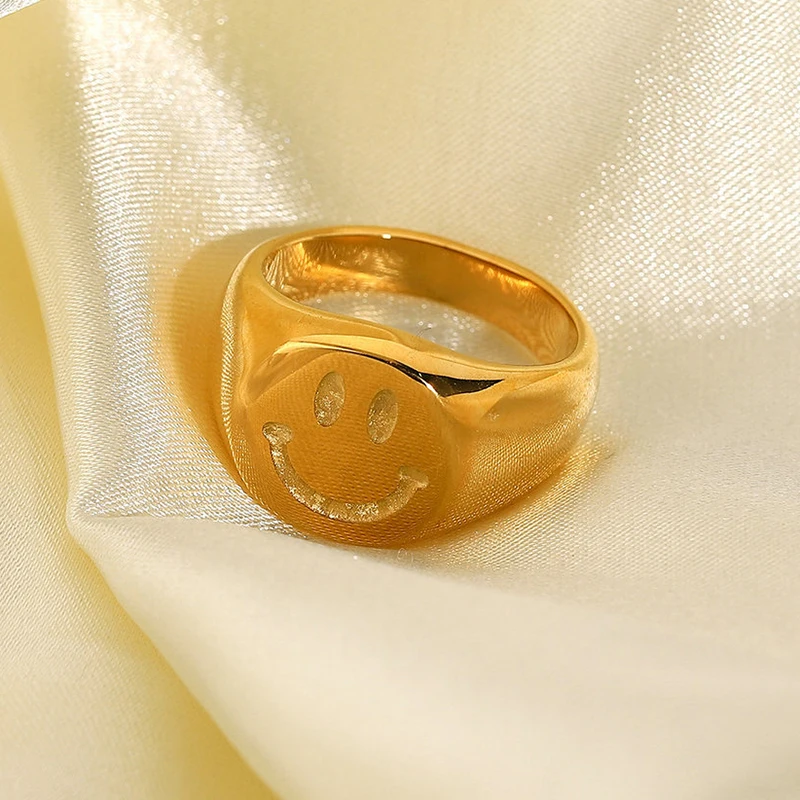 Happy smilely face ring for women stainless steel signet ring stackable funny cute kawaii jewelry for teenage girls y2k 4