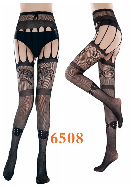 6508 Черные ажурные эластичные чулки женские сексуальные чулки в полоску с открытой промежностью бедра сплошные колготки с вышивкой колготки Лидер продаж - Цвет: 6508