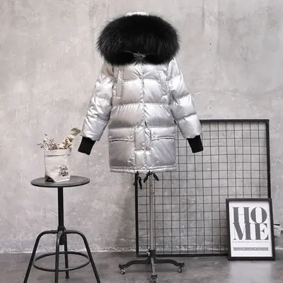 Зимняя куртка для женщин, пальто из натурального меха, непромокаемые парки, подкладка из утиного пуха, зимнее пальто с воротником из натурального меха енота, теплая черная уличная одежда - Цвет: Silver Black fur