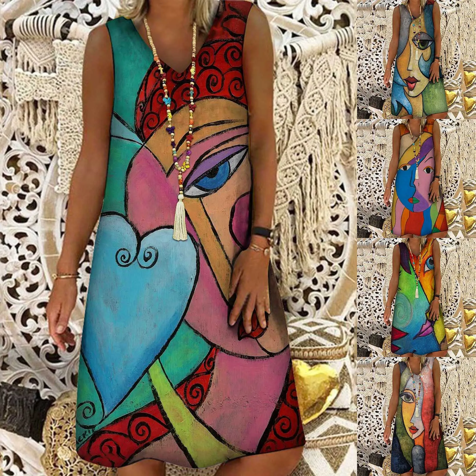 2021 Women Clothing Summer V-neck Abstract Print Sleeveless Plus Size Pullover Long Dresses Elegant Leisure Dresses Платье 1