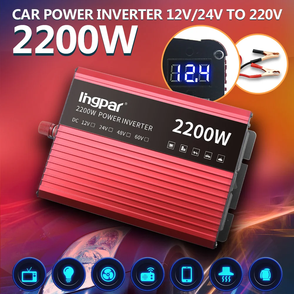 Lingpar Power Inverter 2200W 12 220 V Voltage Transformer DC To AC 12V To 220V Dual Socket Modified Sine Wave Charger Converter