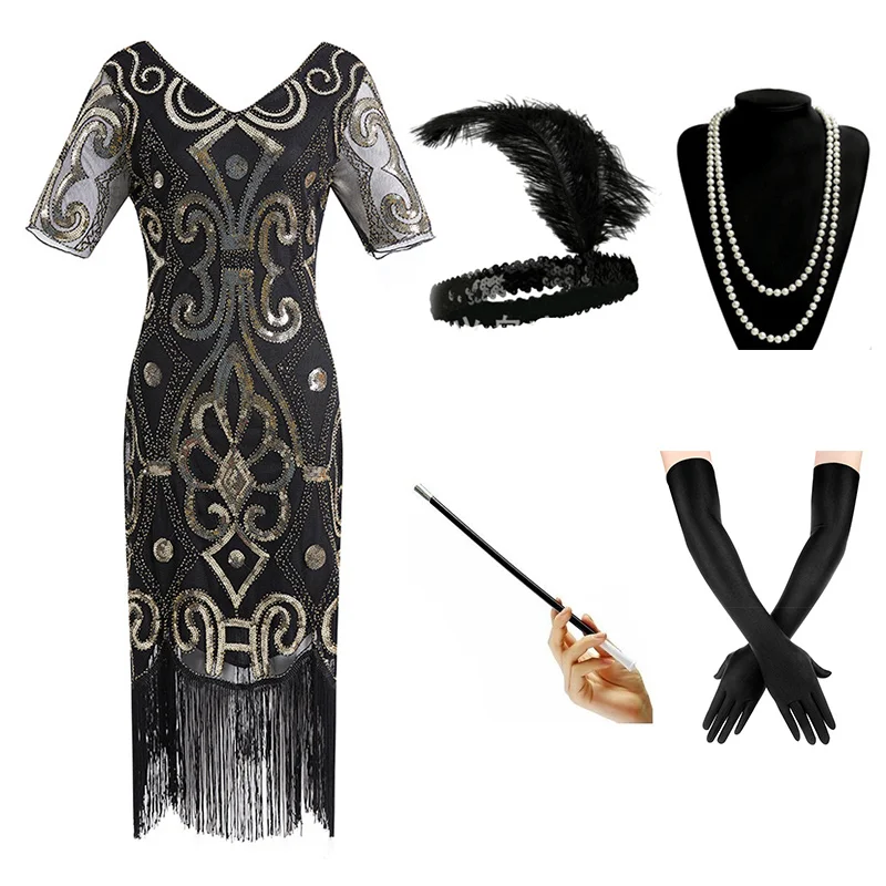 

1920s Gatsby Dress Sequin Beaded Fringed Paisley Flapper Vintage Dress V Neck with 20s Accessories Set for Party