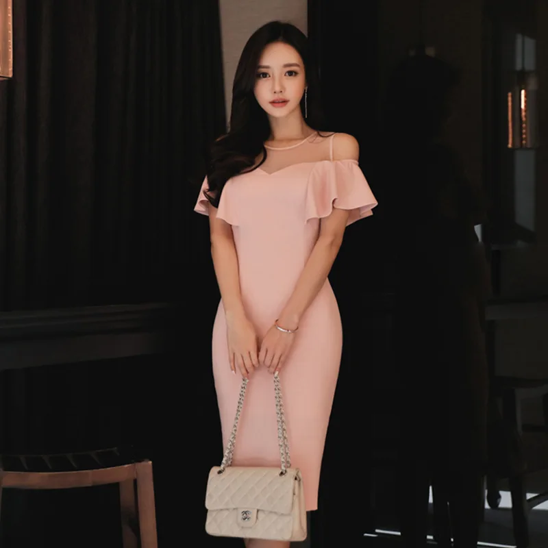

2018 Spring And Summer WOMEN'S Dress New Style Korean-style Crew Neck Tulle Joint Naked Shoulder Lotus Leaf Hanging Sleeve Tube