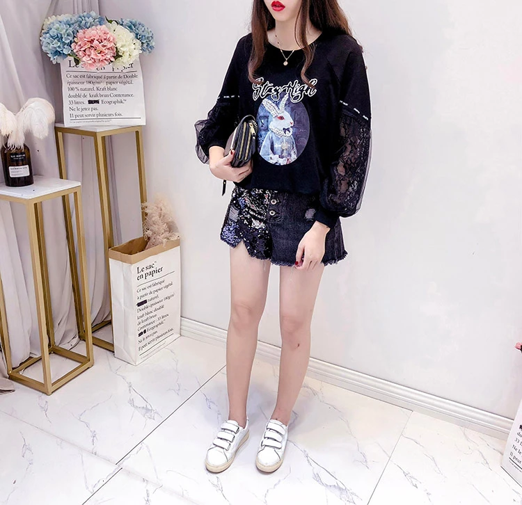 Cartoon print patchwork hoodies women sweatshirt loose hoodie autumn new arrival beading long sleeve o-neck tops