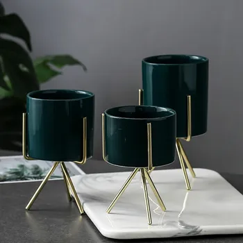 

1 Piece Dark Green Ceramic Vase Nordic Minimalism Style Iron Display Rack Landscape Shelf Flower Plant Pot Home Decor