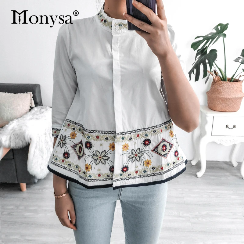 Embroidery Shirt Women Summer Autumn 2020 New Arrival Fashion 3/4 Sleeve Casual Blouses Ladies White Doll Shirt