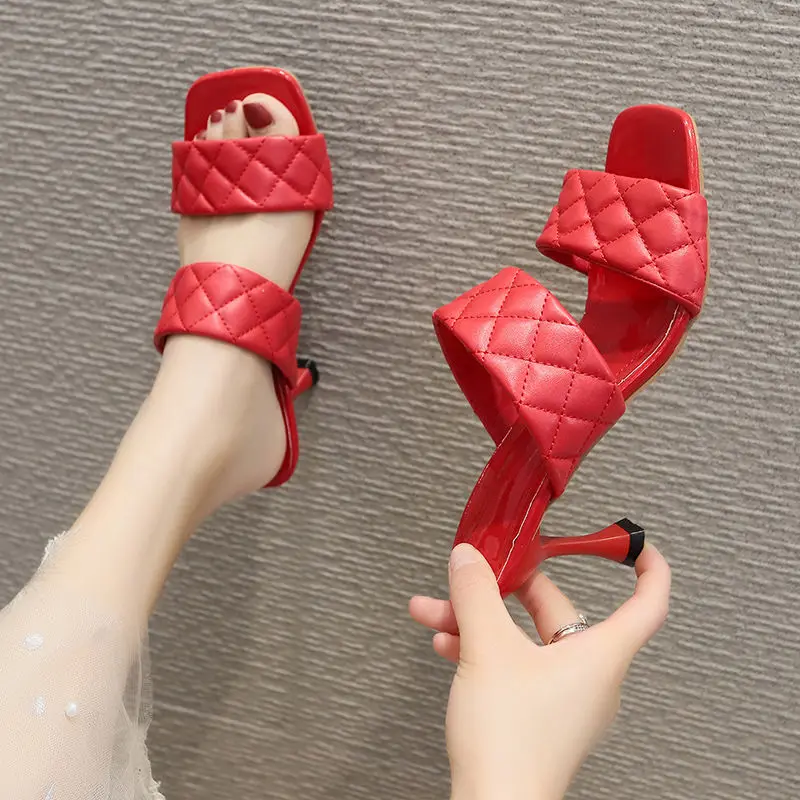 2020 NEW Women's High Heeled Slippers Outdoor Wearing Open toe Woman Casual Slides Summer Shoes Slip on For European Female RED | Обувь
