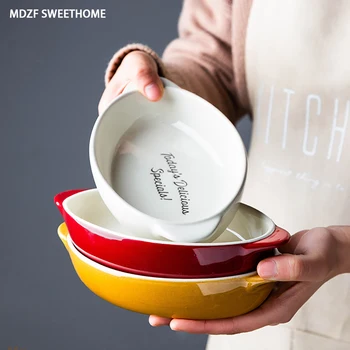 

MDZF Letter Ceramic Baking Tray Round Oval Bakeware Pan Oven Meat Baking Dish Salad Plate Noodles Bowl Kitchen Tableware