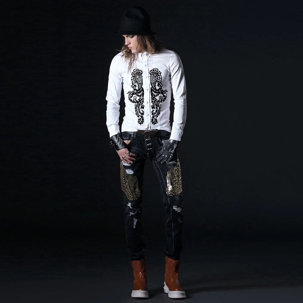 S-XXL новая мужская одежда стилист волос GD Мода шоу заклепки и сверла печати рубашки пальто костюмы для певцов больших размеров