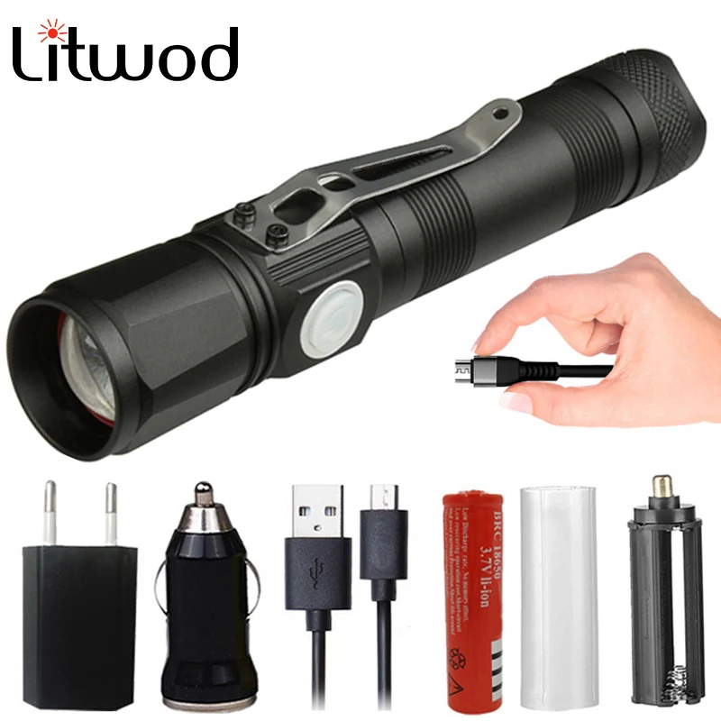 

Litwod Z201509 Rechargeable LED flashlight 4000 lumens XM-L T6 Led Zoomable torch Micro USB Charging Aluminum alloy Lantern