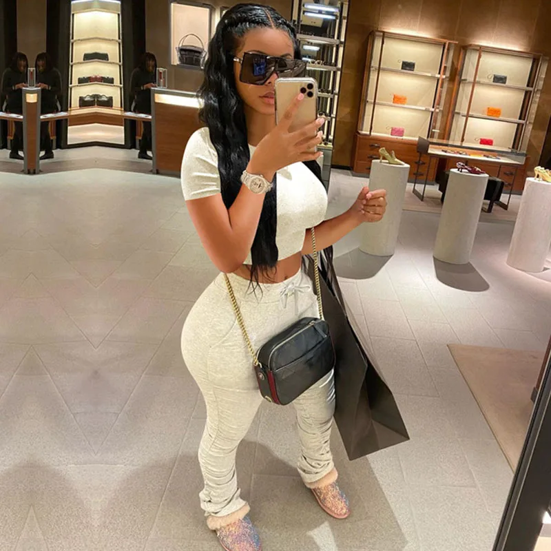 Plus Size Cotton Two Piece Set Women 2020 Summer Clothes Crop Top and Stacked Ruched Pants Suit Sporty Sweat Suits Jogging Femme |
