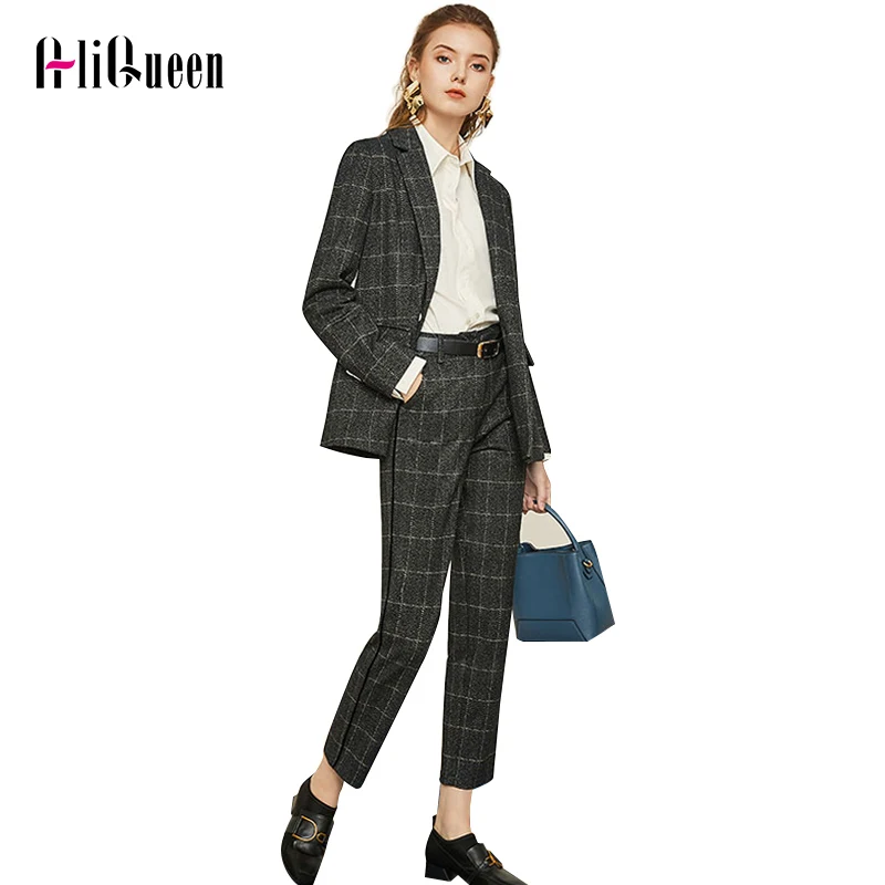 

Work Pant Suits OL 2 Piece Sets Double Breasted Plaid Blazer Jacket & Zipper Trousers Suit for Women Set Feminino Spring