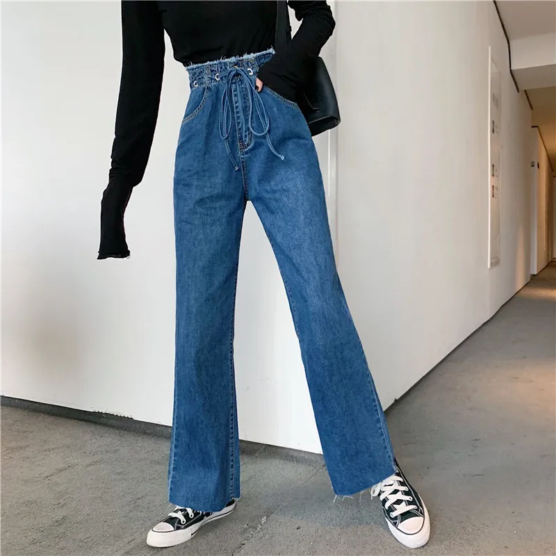 JUJULAND женская одежда мешковатые джинсы с прямыми светоотражающие полоски на ногу высокие waists свободные Синие Красивые брюки на завязке 66191