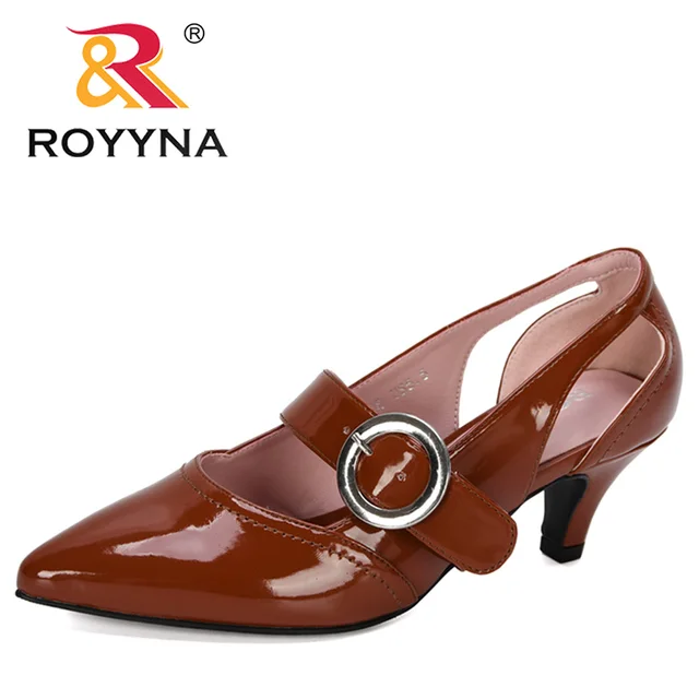 ROYYNA 2019 New Designers Oxford Casual Classic Shoes Women Pointed Toe Smooth Bright Dress Shoes Ladies Buckle Patent Pumps Dark brown
