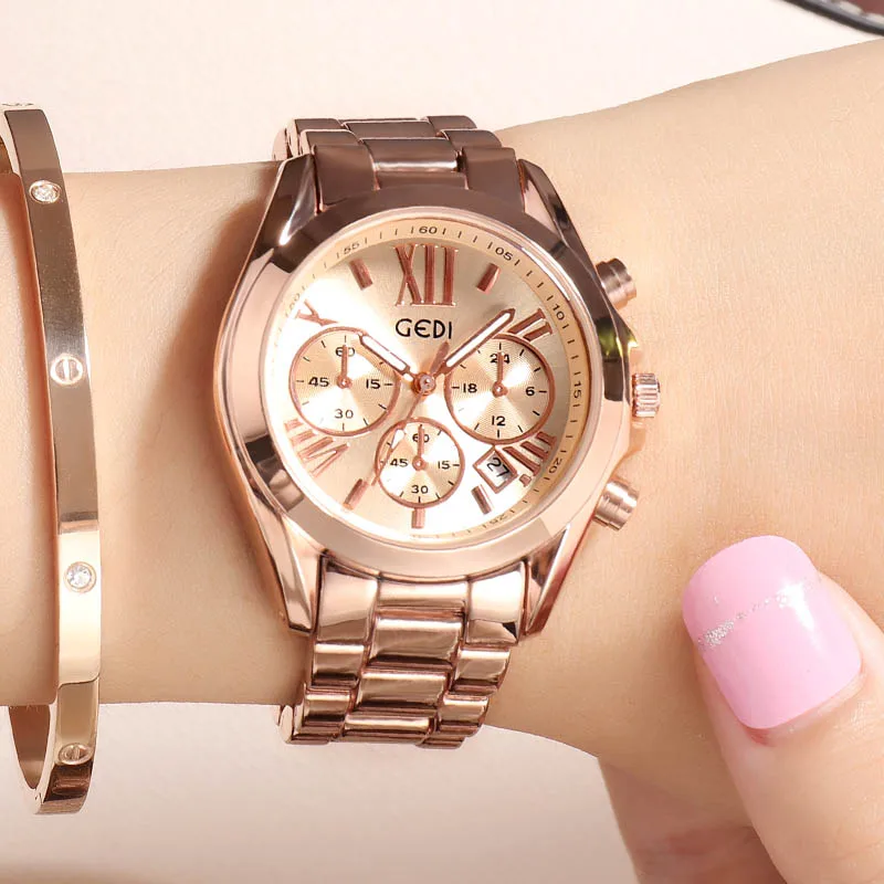 Gold Relogio Feminino GEDI роскошные розовые женские золотые часы модный браслет женские наручные часы повседневные кварцевые часы Reloj Mujer подарок для девочки - Цвет: Gold