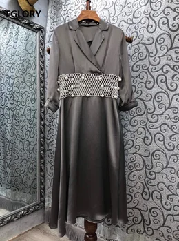 

Top Quality New Long Blazer Dress 2020 Autumn Women Notched Collar Hand Made Beading Deco Mid-Calf Length Elegant Dress Business