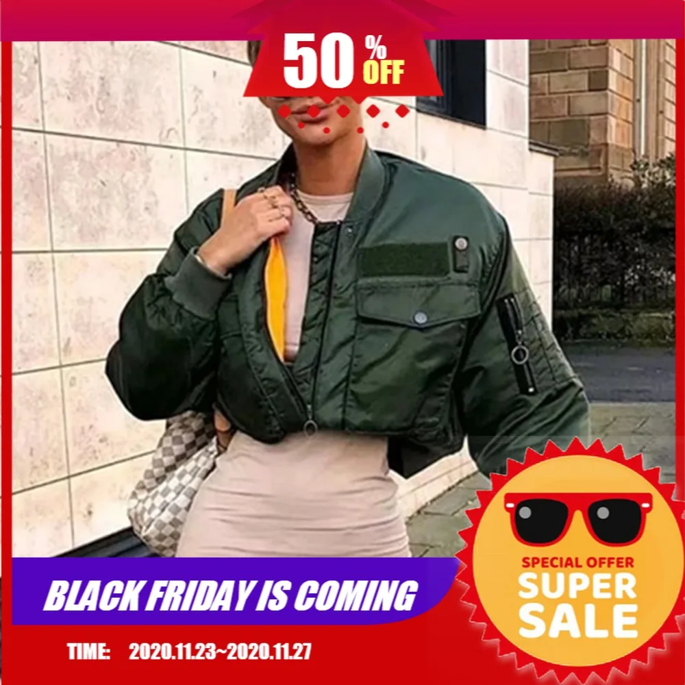 

New Women's Pocket Flying Jacket Europe 2020 Fall Winter Loose Short Baseball Jacket Cropped Spandex Streetwear Solid Stand