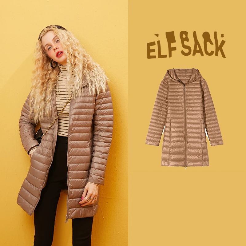 Long Khaki ELFSACK, ультра светильник, 80% белый утиный пух, пальто для женщин, сплошной цвет, короткая тонкая куртка, Осень-зима, теплая тонкая верхняя одежда - Цвет: Long Khaki
