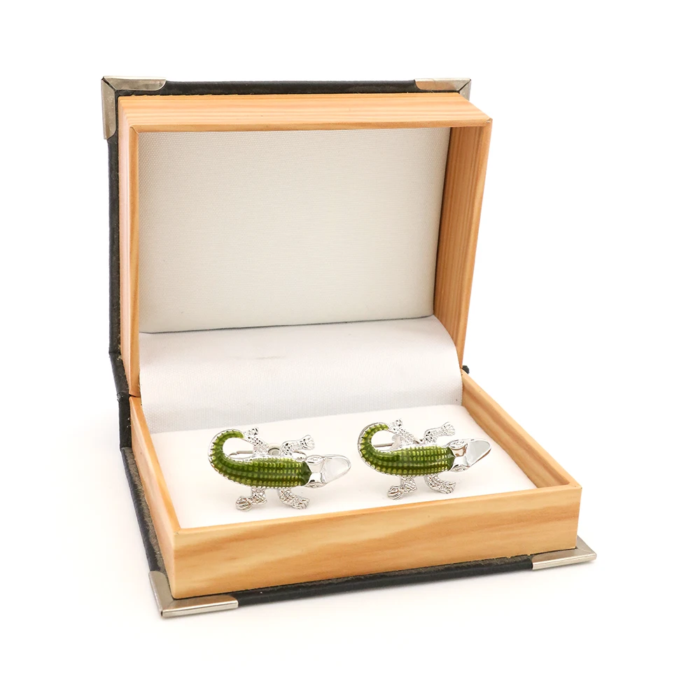 Крокодил запонки для мужчин Аллигатор Дизайн качество латунный материал зеленые цветные запонки оптом и в розницу