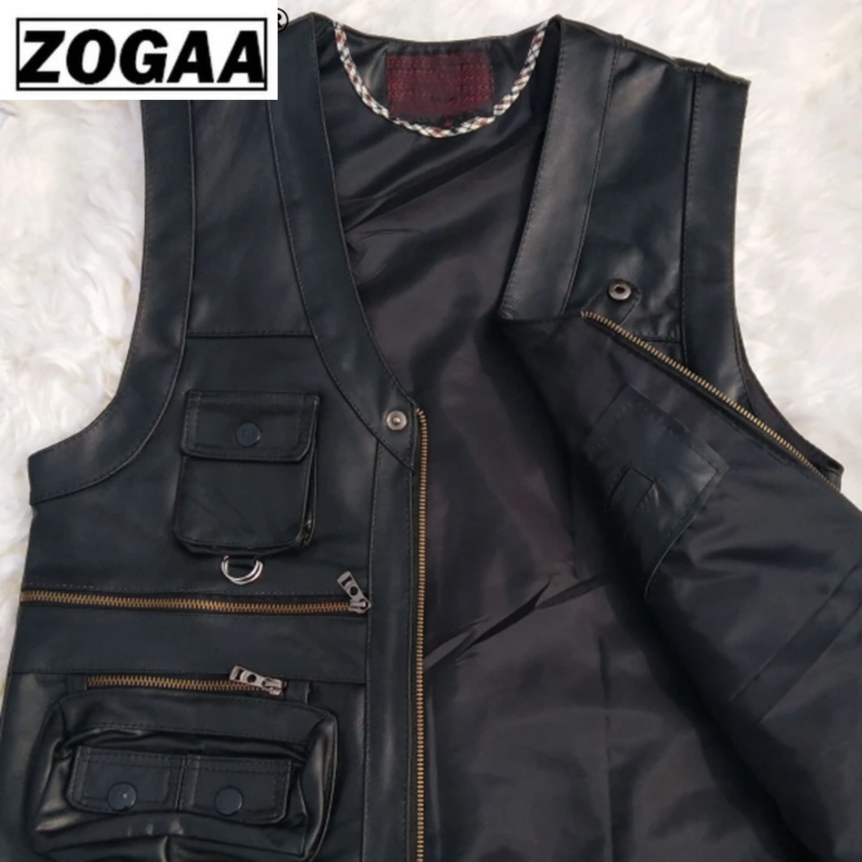 Multi Pocket Vest Men Black Photography Vests Genuine Leather Motorcycle Biker Waistcoat Male Autumn Sleeveless Jacket For Men