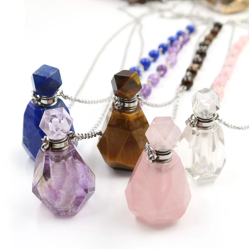 

xinshangmie Silver Plated Natural Crystal Perfume Bottle Pendant Chakra Chain Beads Necklace Oil Diffuser Aromatherapy Jewelry