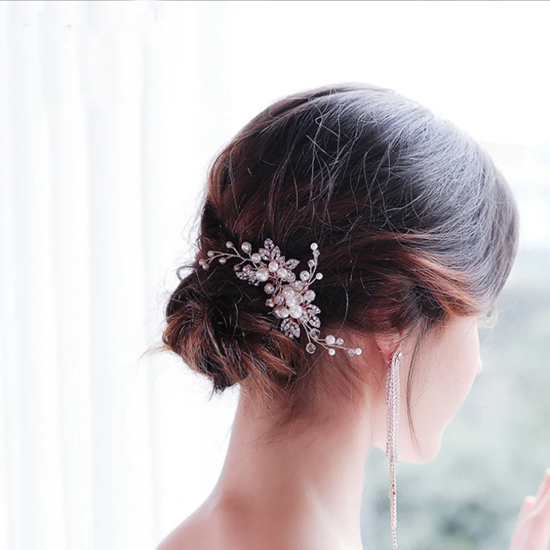 Simple Wedding Tiara Beautiful Handmade Pearl Crystal Alloy Hair Comb Rose Gold Bride Rhinestone Disk Hair Comb