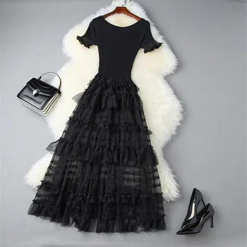 

Women Fashion Designer Runway Summer Dress Short Sleeve Knitting Patchwork Mid Calf Ruffle Patchwork Sexy Black Mesh Dresses