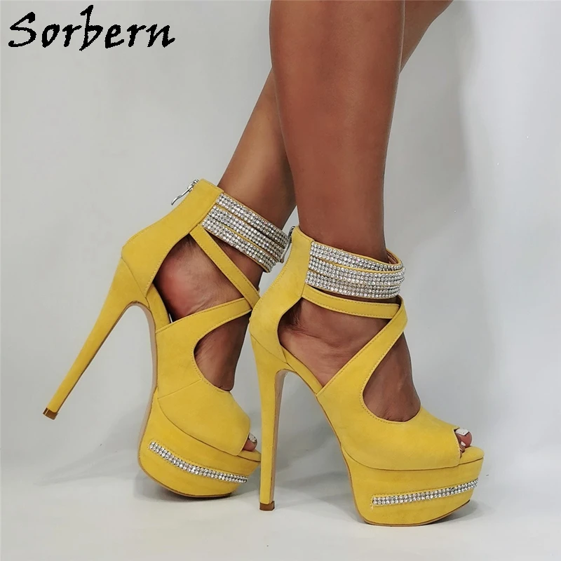 

Sorbern Yellow Women Sandals Crystals Ankle Straps Peep Toe Platform High Heel Stilettos Back Zipper Cross Straps Women Summer