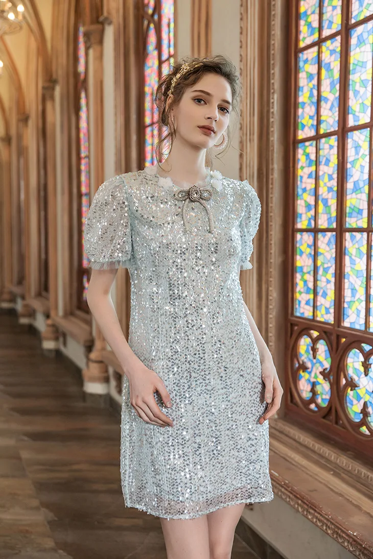 Дизайнерское летнее платье Marie Elie Xi с блестками и бантом, с коротким рукавом, с цветочным принтом, женские платья, весна и лето, новые товары