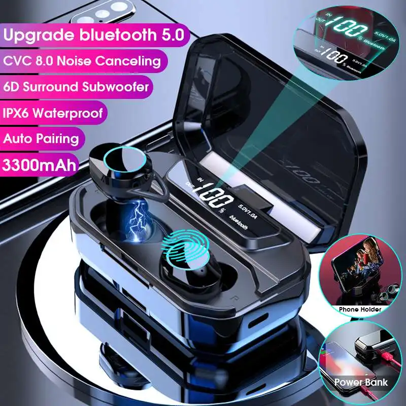 TWS 5,0 bluetooth 9D стерео наушники беспроводные наушники IPX7 водонепроницаемые наушники 3300 мАч светодиодный умный внешний аккумулятор держатель для телефона