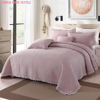 

Luxury Dusty Pink and Gray Floral Pattern Quilted Cotton Bedspread Queen 3Pcs Chic Lace Edge Coverlet Pillow shams Bedding set