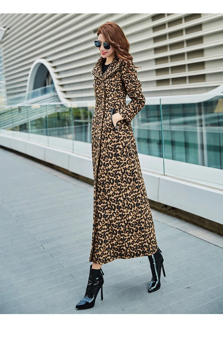 Winter Rough Tweed Coat women Keep Warm Leopard Print Woolen Overcoat Woman Long coat