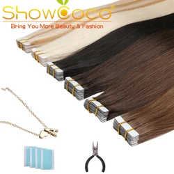 ShowCoco Tape in Human Hair 40pcs Adhensive Machine-Made Remy Straight Hair 16-24 Inch Invisible Natural Tape Extensions