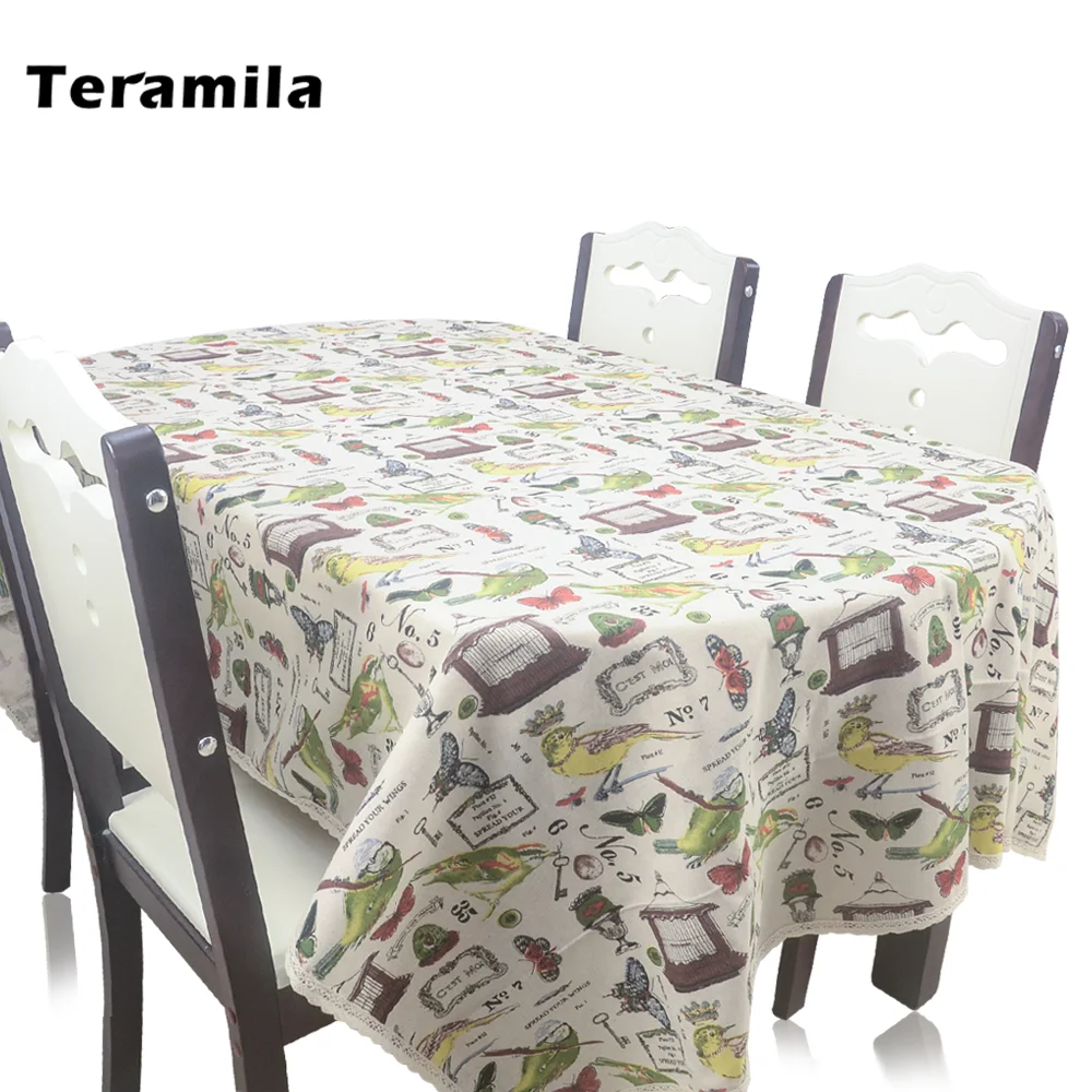 Teramila Dining Rectangular Tablecloth Thick Linen Table Cloth Cover Bird Butterfly Design With Lace For Party Kitchen Wedding Teramila Dining Rectangular Tablecloth Thick Linen Table Cloth Cover Bird Butterfly Design With Lace For Party Kitchen Wedding