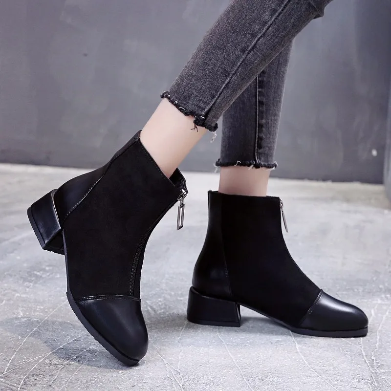 

Martin Boots Women's British-Style 2019 Autumn New Style Short Front Zipper Suede Retro plus Velvet Semi-high Heeled Fashion Ank
