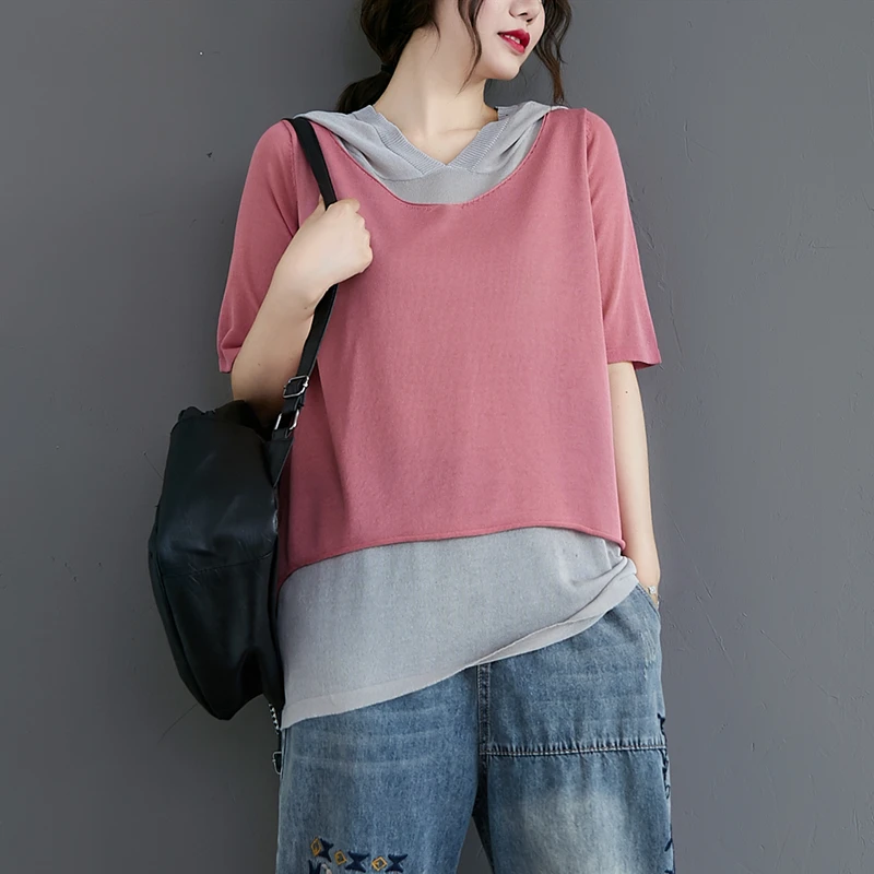 

2020 summer new contrast color fake two-piece short-sleeved knitted T-shirt thin linen hooded short-sleeved women