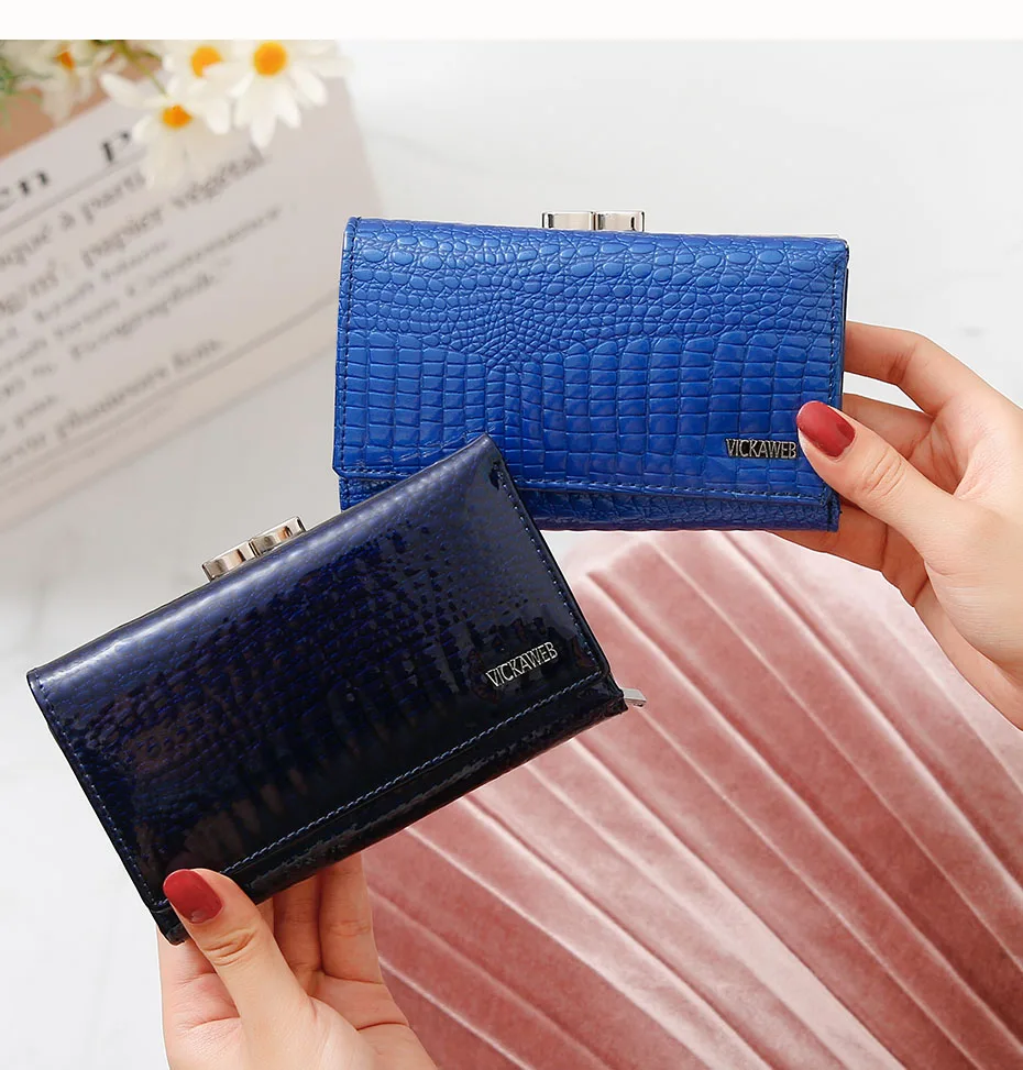 VICKAWEB Women Genuine Leather Short Wallet Female Fashion Purses Ladies Alligator Hasp& Zipper Coin Purse Woman Small Wallets