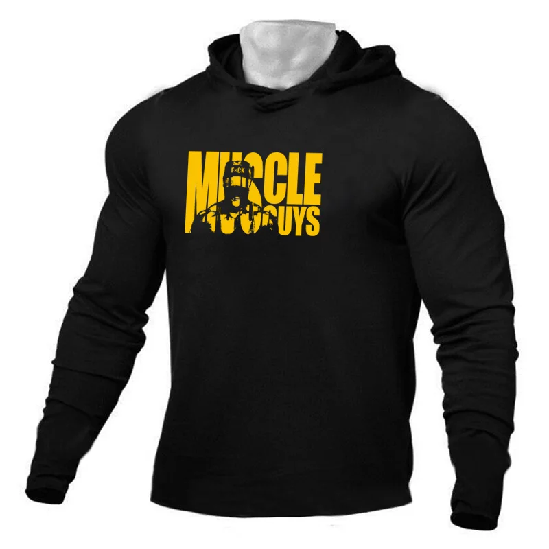 Muscleguys футболка с капюшоном для бодибилдинга Мужская футболка с длинным рукавом брендовая простая для тренажёрного зала одежда модная облегающая хлопковая футболка - Цвет: black63