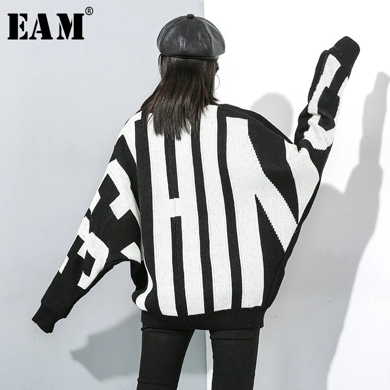 

[EAM] Letter Big Size Knitting Sweater Loose Fit Round Neck Long Sleeve Women Pullovers New Fashion Spring Autumn 2020 19A-a795