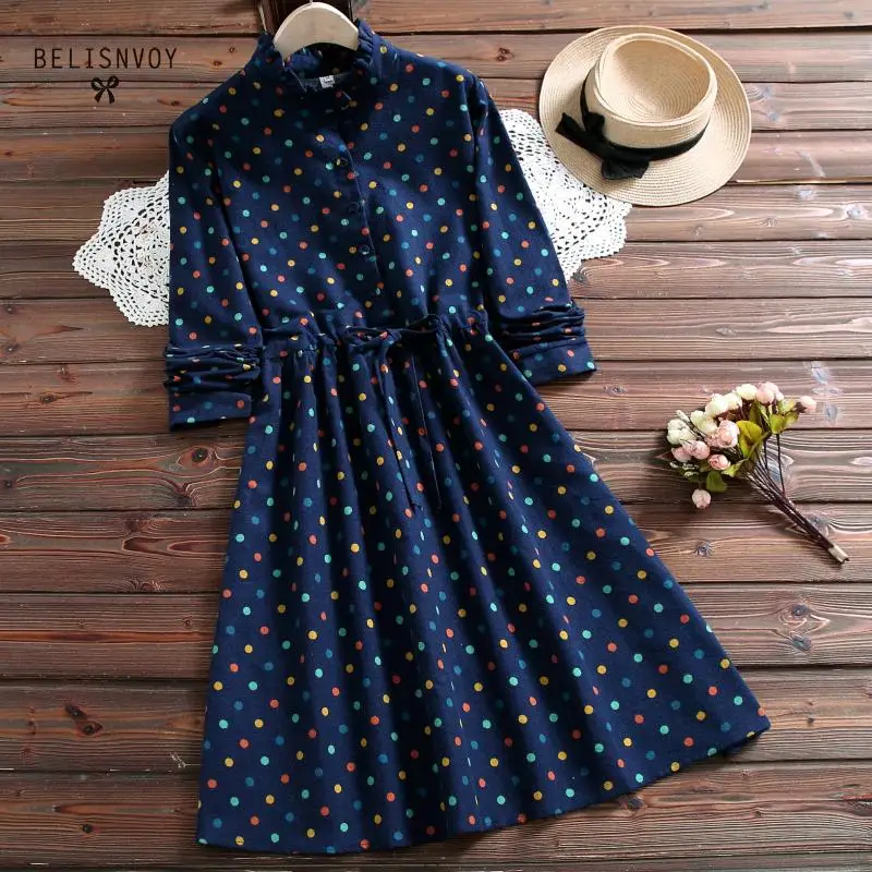 Günstig Herbst Frühling Frauen Vintage Kleider Rüschen Polka Dot Gedruckt Lace Up Vestidos Femininos Navy Blau Kordelzug Taille A linie Kleid