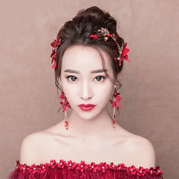 

JINJIAN Bride Tiara 2019 New Mori Hairband Red Wedding Hair Accessories Toast Dress Wedding Jewelry Set of Three