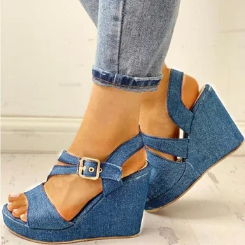 

Women's Ankle Buckle Strap Wedge Sandals Ladies Peep Toes Denim High Heel Female PU Leather Casual Platform Woman Shoes 2020