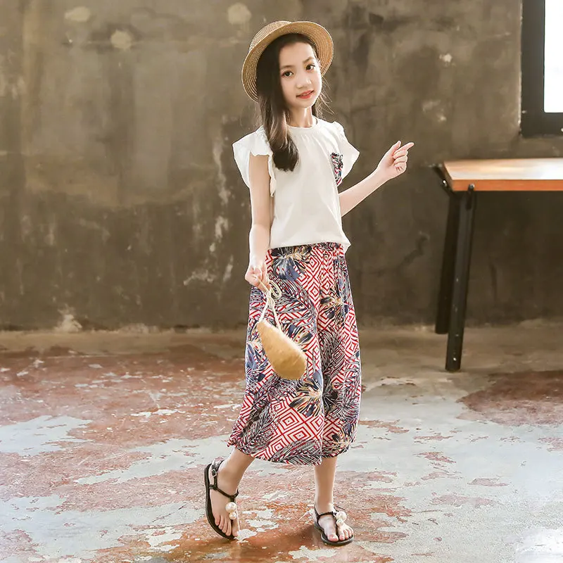 

2019 New Style Summer Set Girls' Shirt Large Children's Holiday Network hong yang Gas Loose Pants Summer Wear Capri Pants Fashio