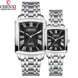 Silver Square Couple Watches Women Men Romantic Elegant Casual Lover's Watch Roman Numeral Stainless Steel Waterproof Gift Clock