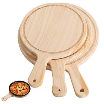 

Wooden Pizza board Round with Hand Pizza Baking Tray Pizza Stone Cutting Board Platter Pizza Cake Bakeware Tools