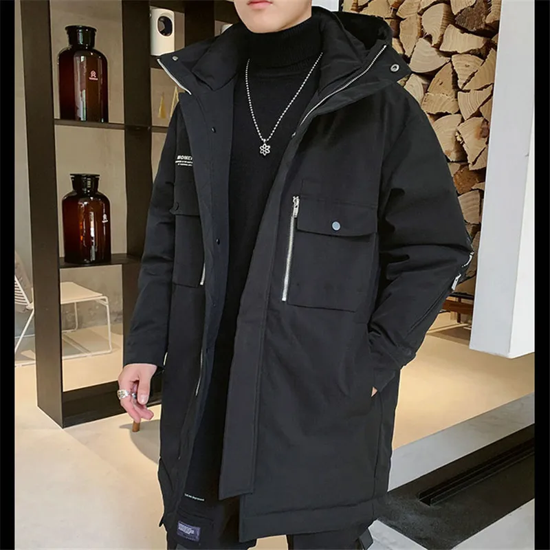 Черный Men's Down Jacket Medium Long Coat New Winter Trend Handsome Tooling Outerwear Light Tide Brand Thick Winter Jacket JIA481 - Цвет: Черный