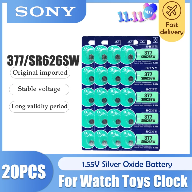 Sony-pilas de óxido de plata para reloj, 100% originales, 1,55 V, 377 SR626SW, SR626, AG4, SR626SW, 377, 20 Uds., hechas en Japón