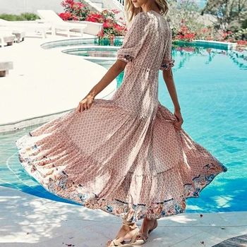 

TEELYNN pink cotton floral print maxi dresses women vintage lantern long sleeve elastic waist autumn dress boho casual vestidos