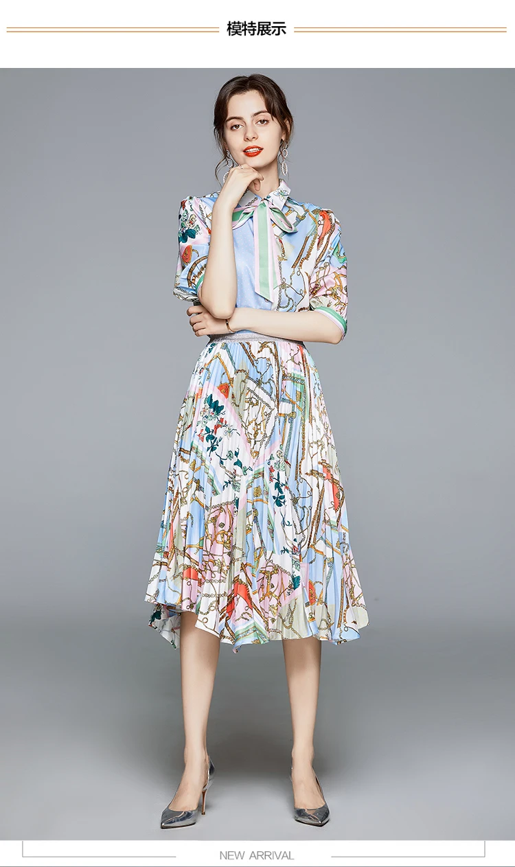 Runway Skirt 2 Piece Set Women Bow Tie Sashes Half Sleeve Floral Blouse Shirts and Irregular Pleated Skirt Women Clothing Set