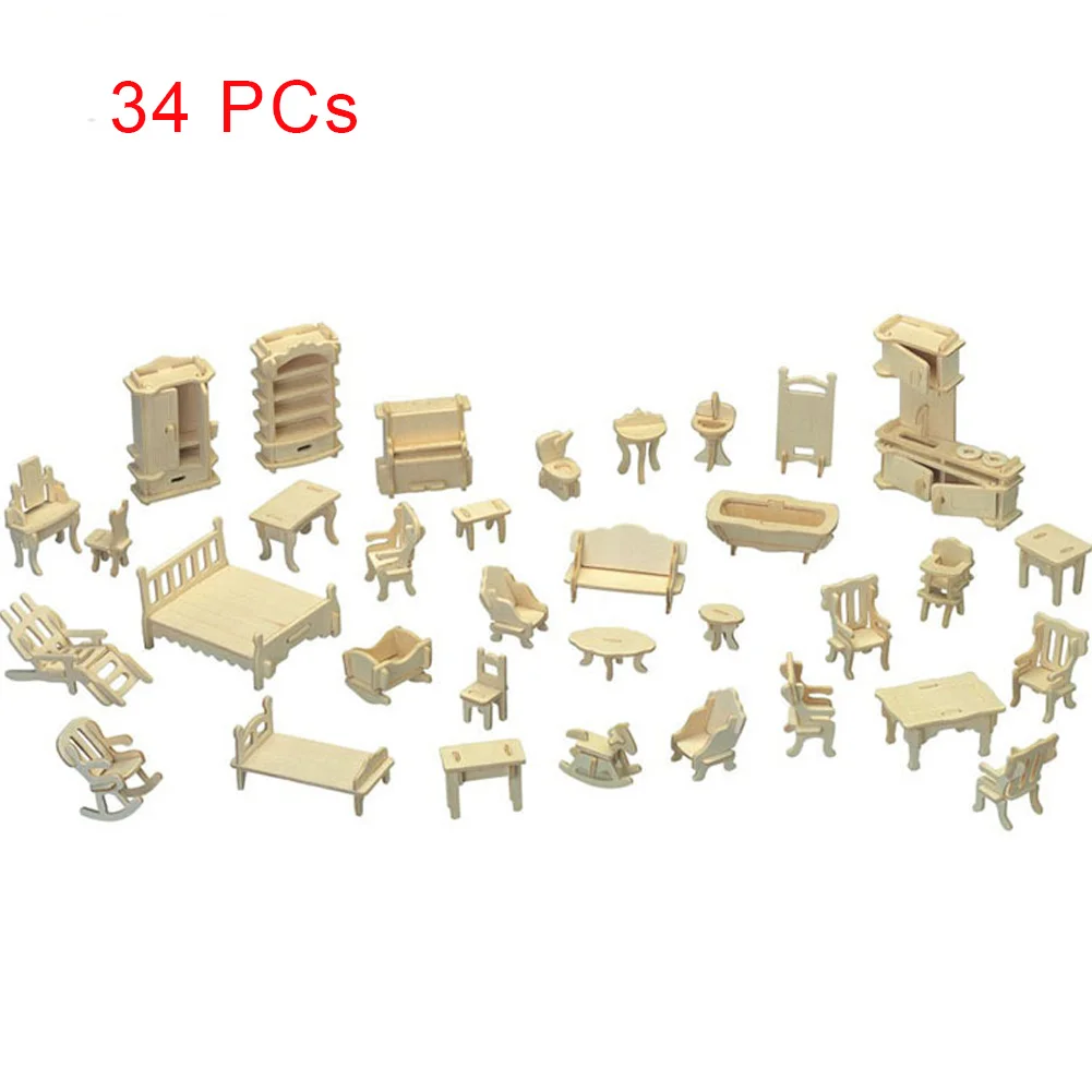 34 шт./компл. DIY игрушки дом Дети Винтаж 3D модель мини мебель подарочные куклы деревянные
